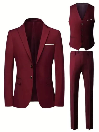 Three-piece men's suit with slim fit and glossy finish