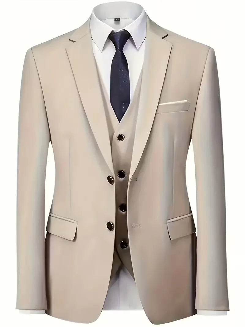 Three-piece men's suit with slim fit and glossy finish