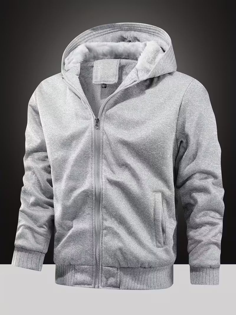 Fleece jacket with hood and zip fastening