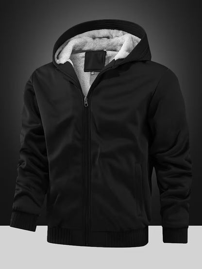 Fleece jacket with hood and zip fastening