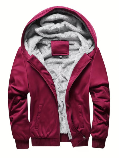 Fleece jacket with hood and zip fastening