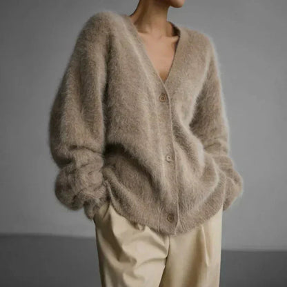 Fluffy cardigan with v-neck and buttons