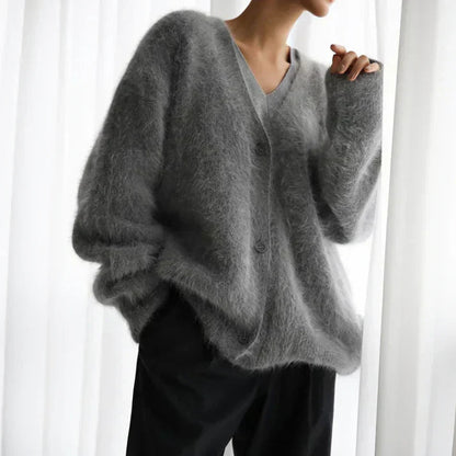 Fluffy cardigan with v-neck and buttons