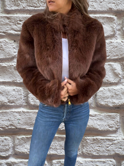 Fluffy jacket with high collar and zip
