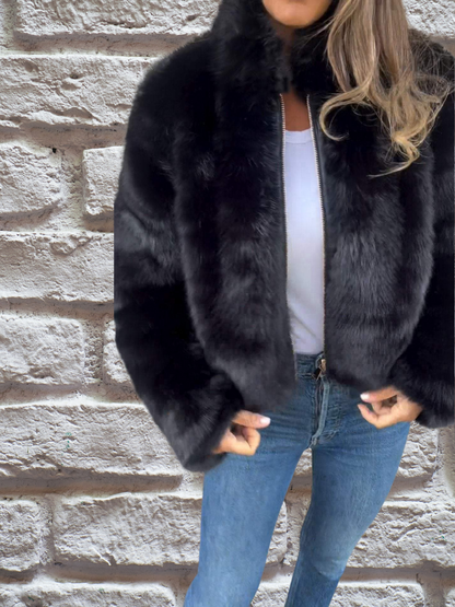 Fluffy jacket with high collar and zip