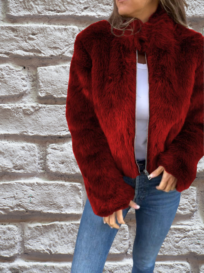 Fluffy jacket with high collar and zip