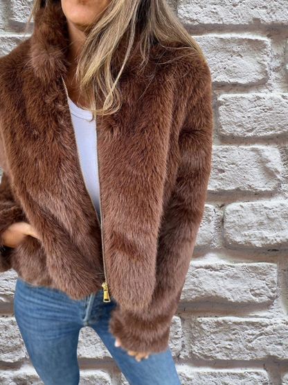 Fluffy jacket with high collar and zip