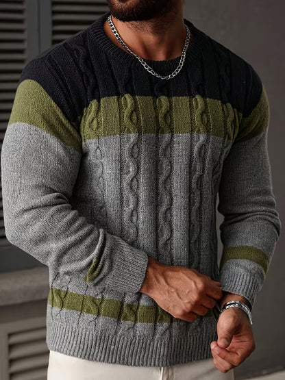 Knitted jumper with colour block design and round neck