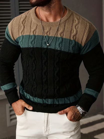 Knitted jumper with colour block design and round neck