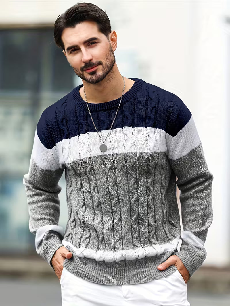 Knitted jumper with colour block design and round neck