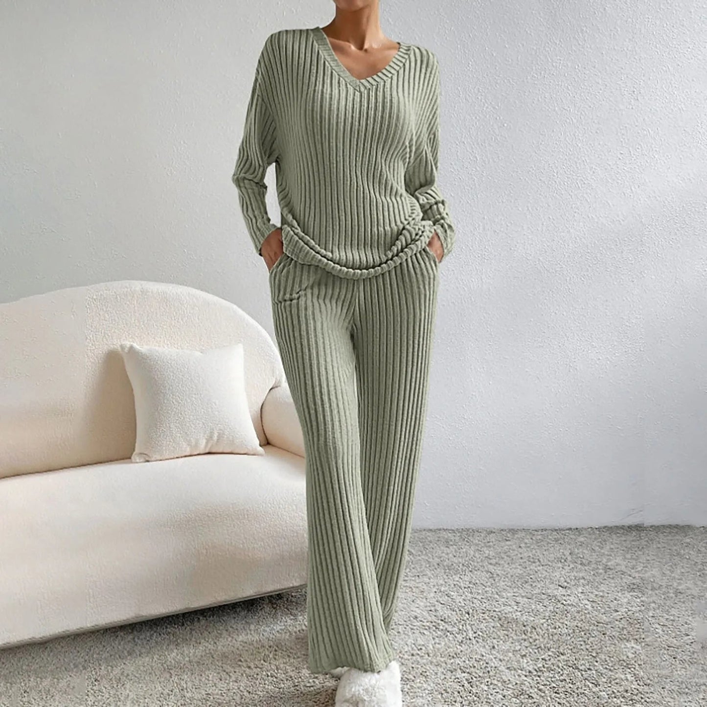 Loungewear Set with V-Neck and Relaxed Fit