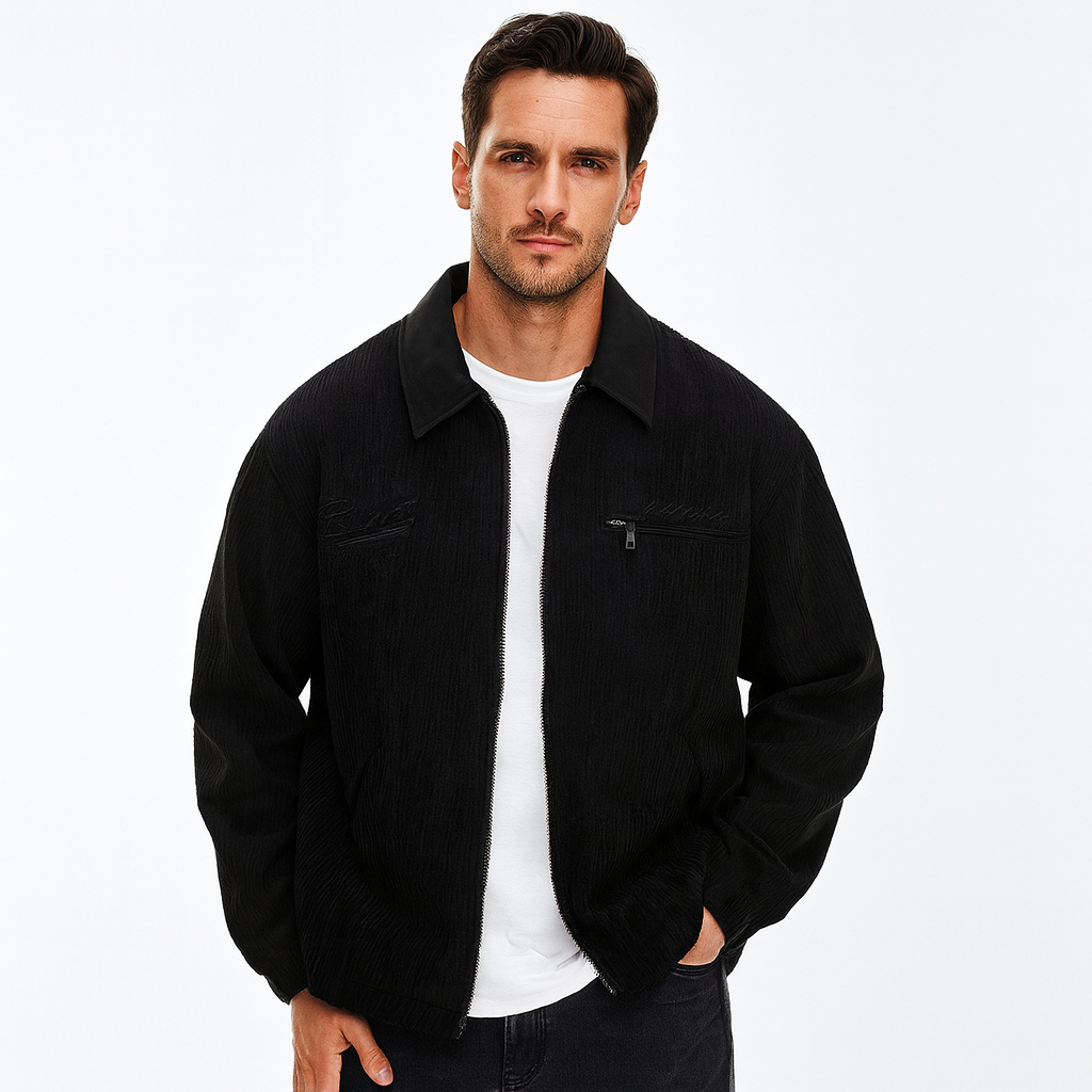 Corduroy jacket with zip fastening and stand-up collar