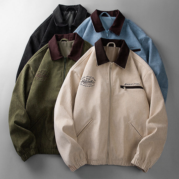 Corduroy jacket with zip fastening and stand-up collar