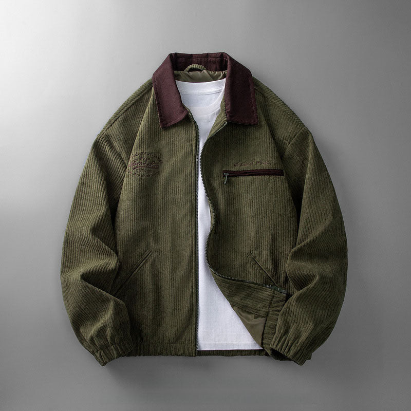 Corduroy jacket with zip fastening and stand-up collar