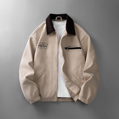 Corduroy jacket with zip fastening and stand-up collar