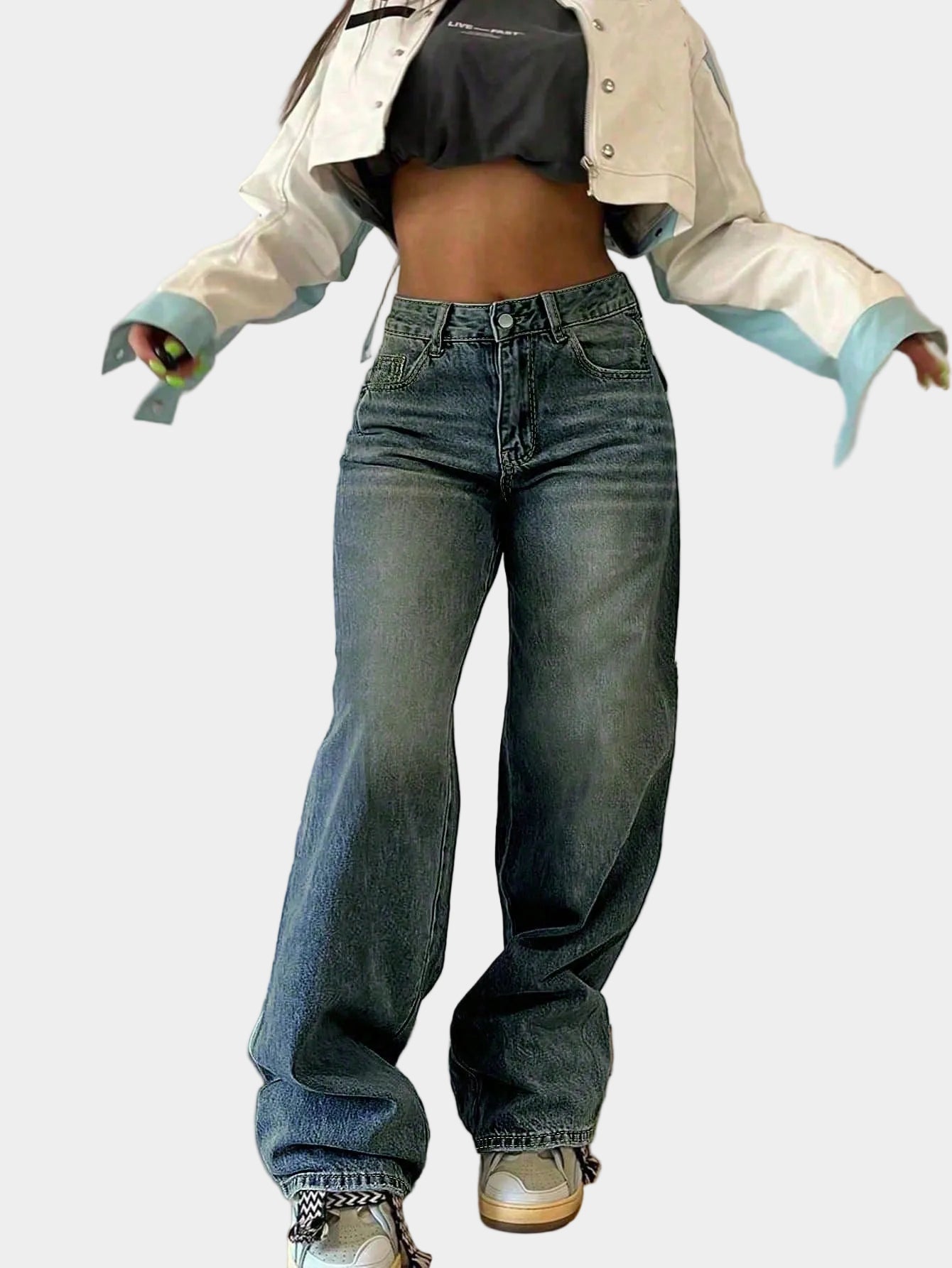 Jeans with Loose Straight Legs and Elastic Waist