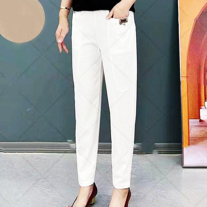 Cotton Trousers with Straight Fit and Elastic Waist