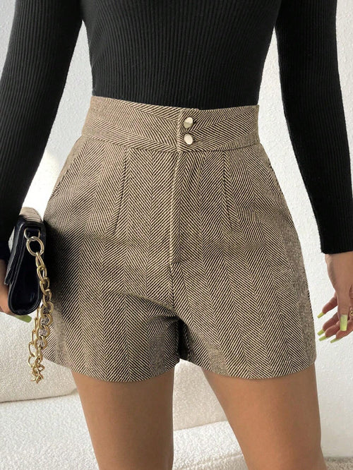 Houndstooth Pattern High-Waisted Shorts