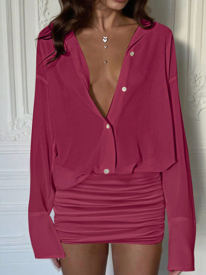 Mini dress with long sleeves and deep v-neck