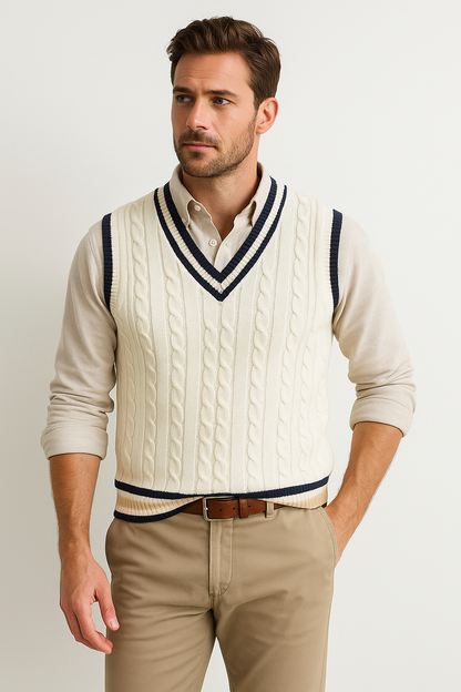 Sleeveless jumper with v-neck and cable pattern