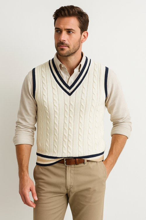 Sleeveless jumper with v-neck and cable pattern