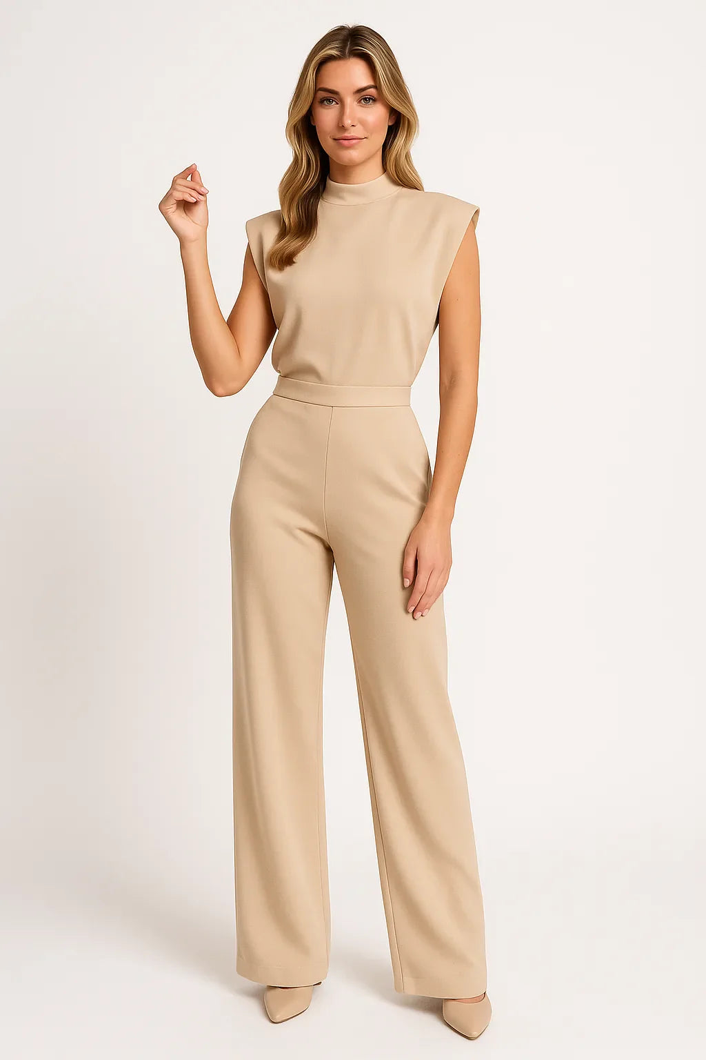 Sleeveless jumpsuit with luxurious satin look and wide legs