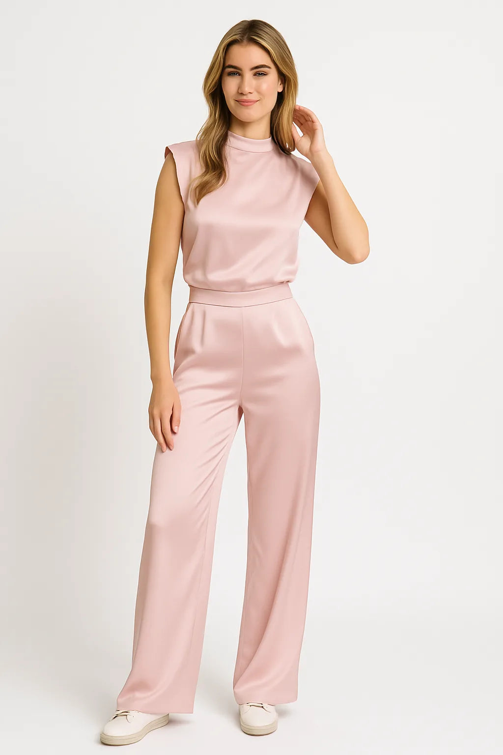 Sleeveless jumpsuit with luxurious satin look and wide legs