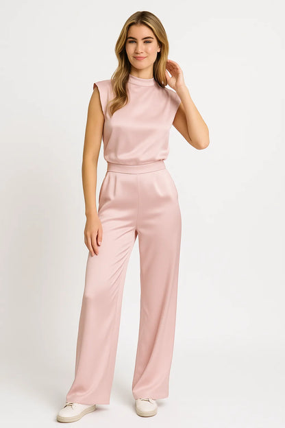 Sleeveless jumpsuit with luxurious satin look and wide legs