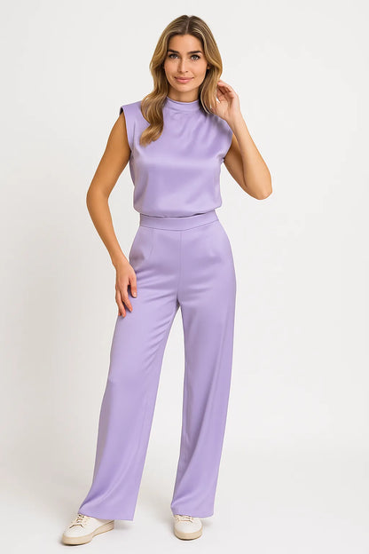 Sleeveless jumpsuit with luxurious satin look and wide legs