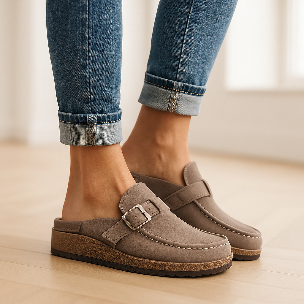 Supportive sandals with buckle fastening