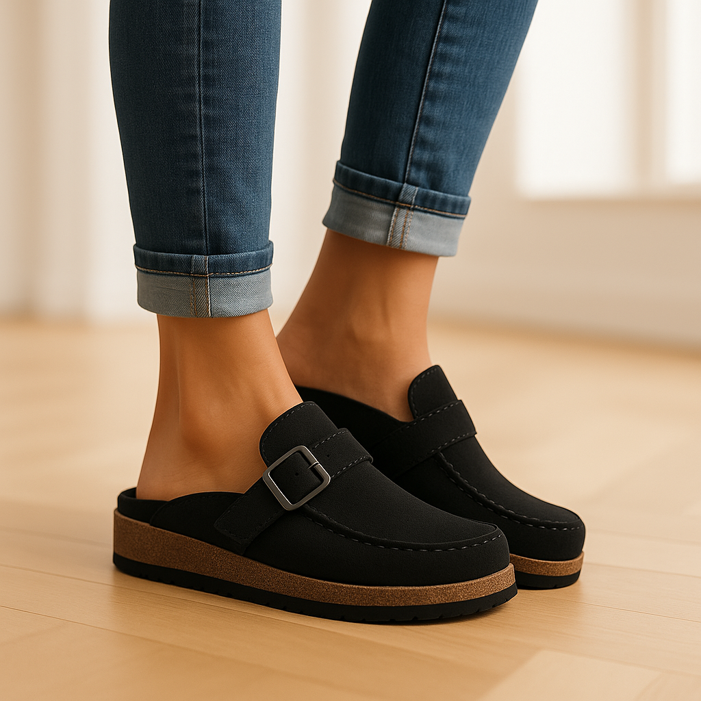 Supportive sandals with buckle fastening