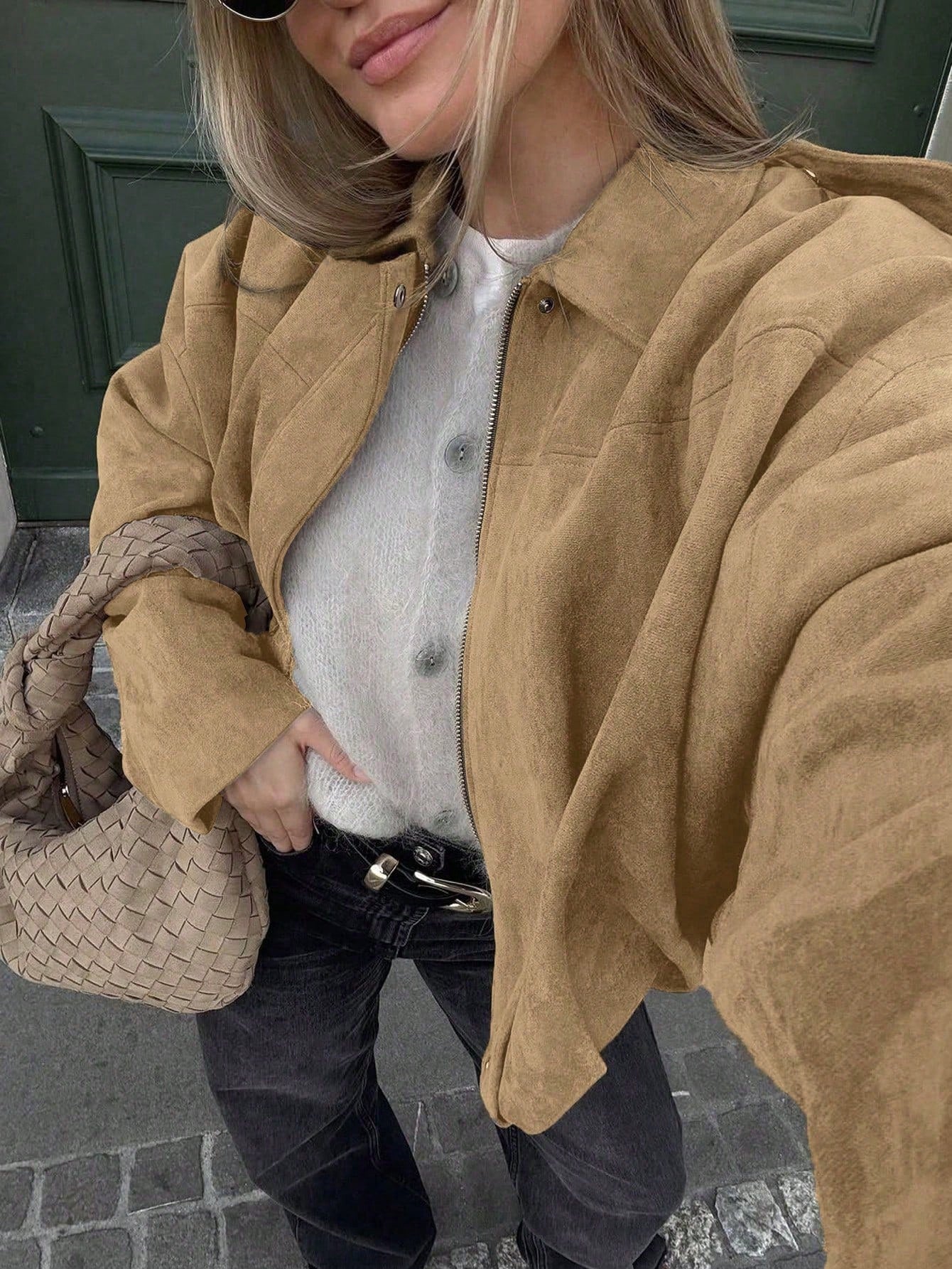 Oversized bomber jacket with zip and stand-up collar