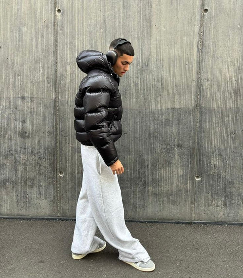 Puffer jacket with shiny finish and hood