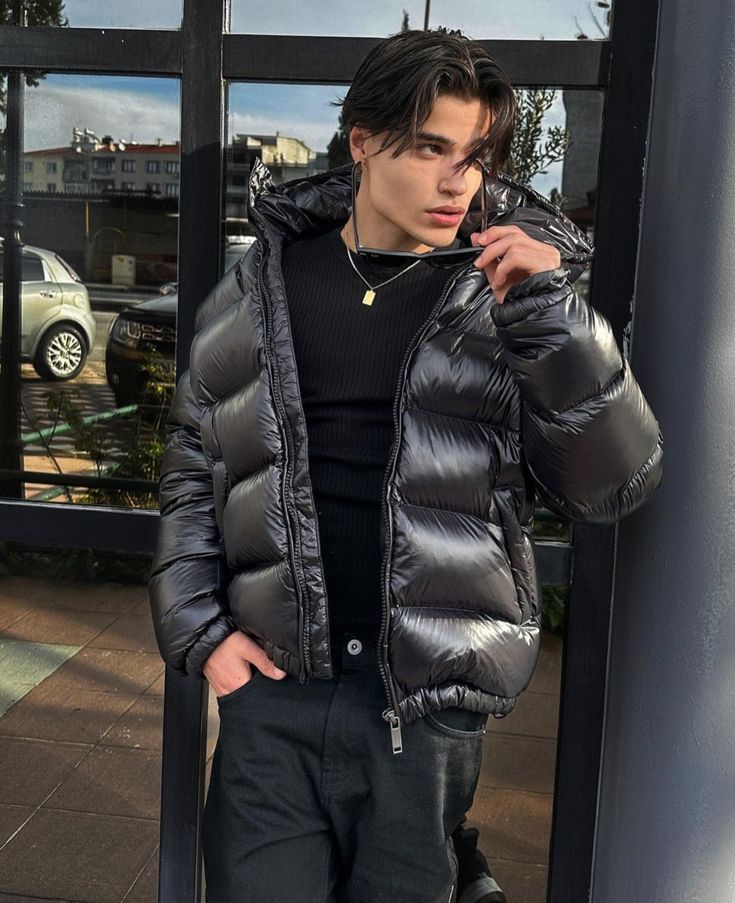 Puffer jacket with shiny finish and hood
