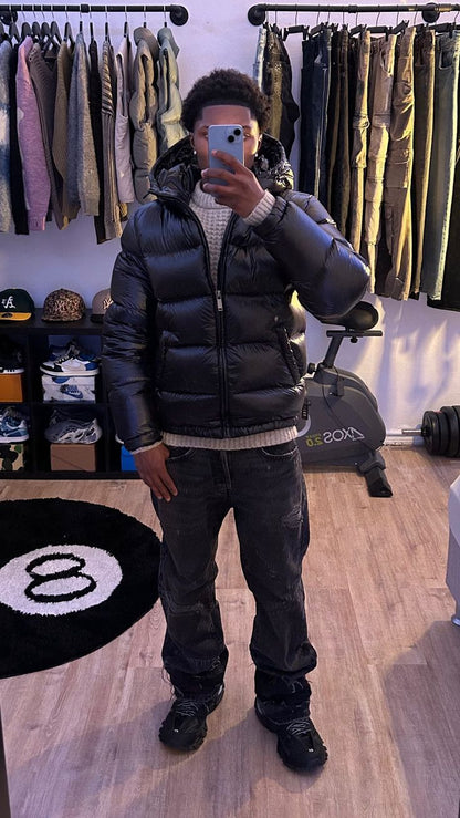 Puffer jacket with shiny finish and hood
