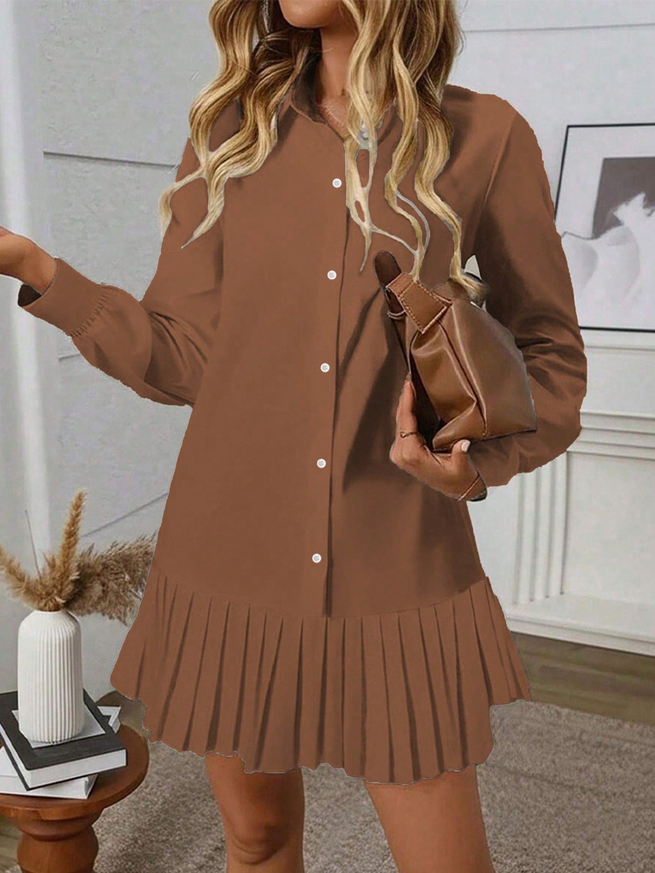 Shirt dress with pleated hem and long sleeves