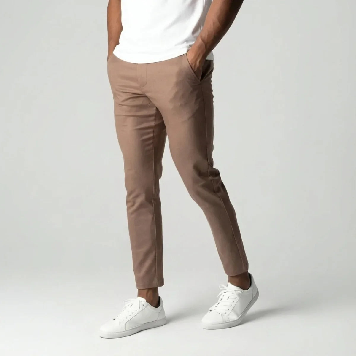 Slim fit light brown stretch trousers with elastic waistband