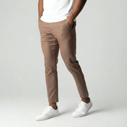 Slim fit light brown stretch trousers with elastic waistband