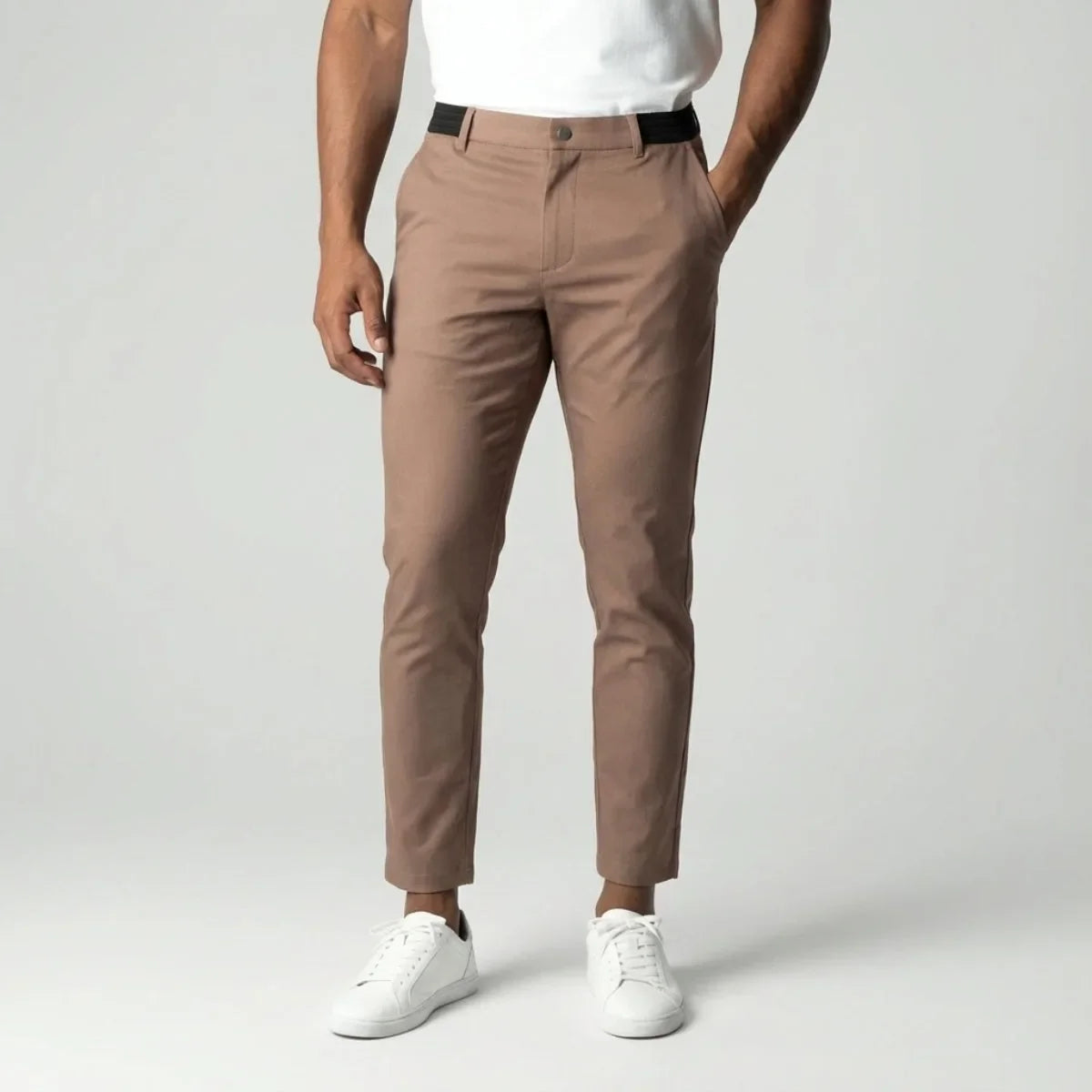 Slim fit light brown stretch trousers with elastic waistband