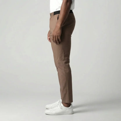 Slim fit light brown stretch trousers with elastic waistband