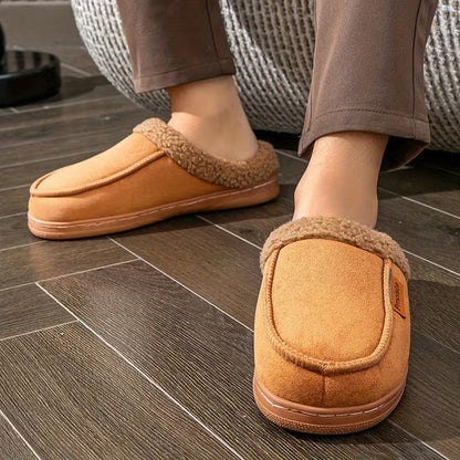 Slip-on slippers with plush trim for comfort