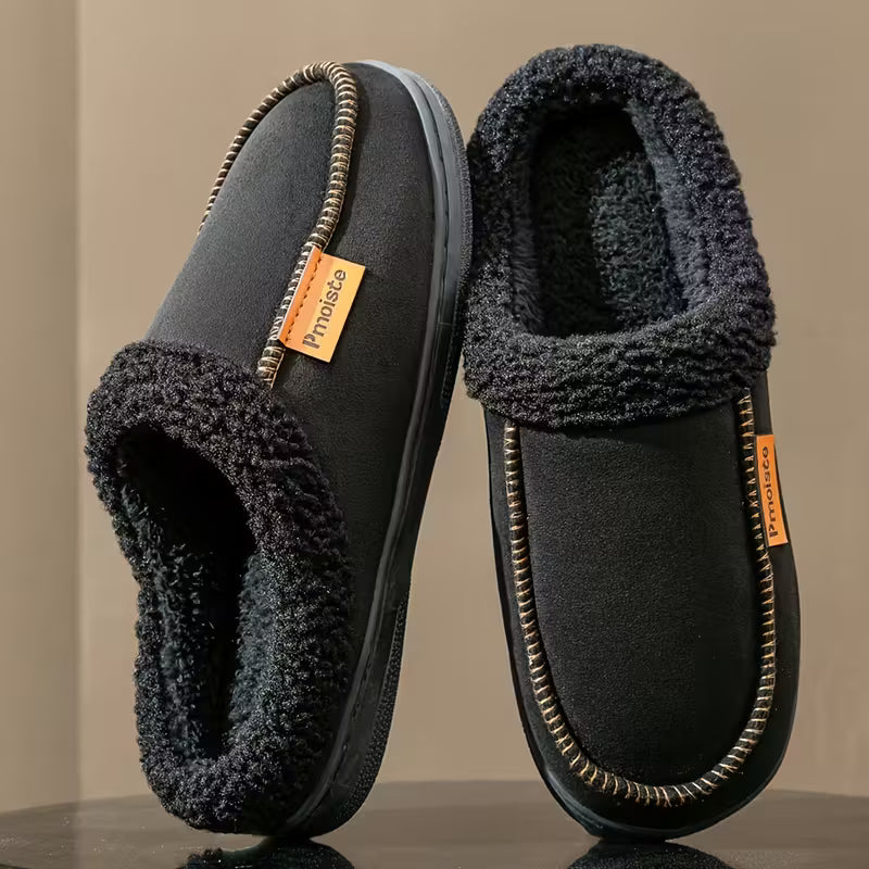 Slip-on slippers with plush trim for comfort