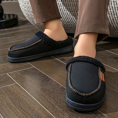 Slip-on slippers with plush trim for comfort