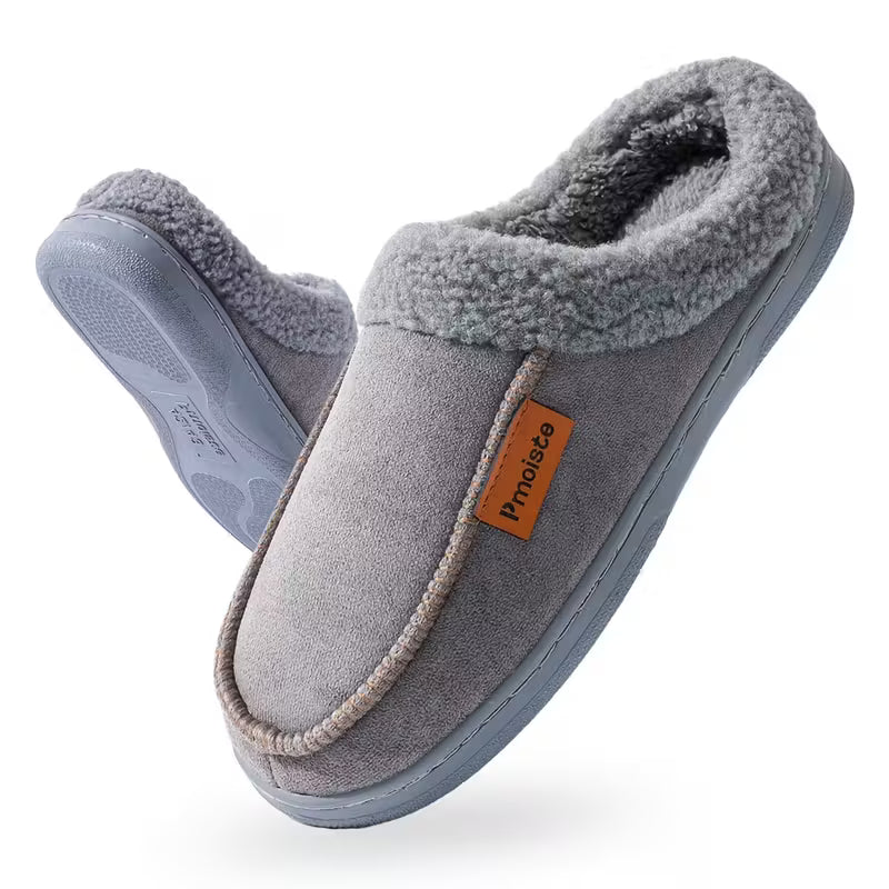 Slip-on slippers with plush trim for comfort