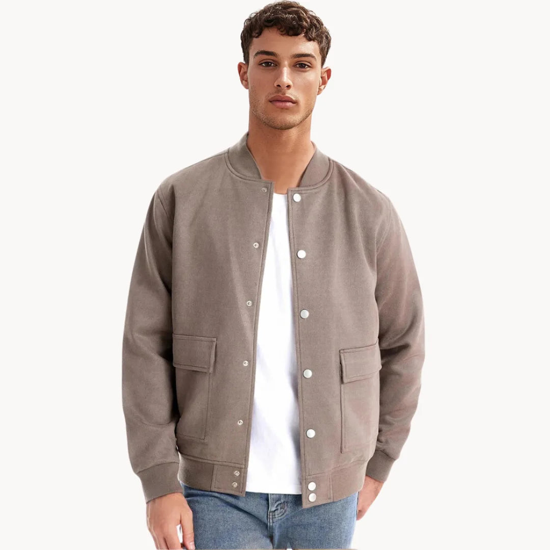 Hugo | Suede bomber jacket with round neck and press stud fastening