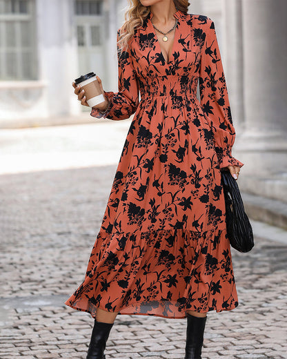 A-line dress with print and V-neck