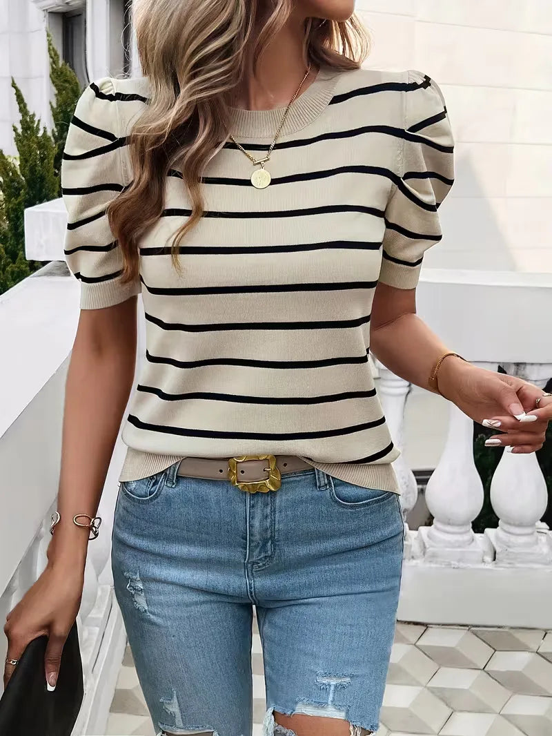 Ladies' T-shirt with Stripes and Puffed Sleeves