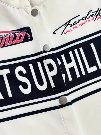 Bomber jacket with graphic text