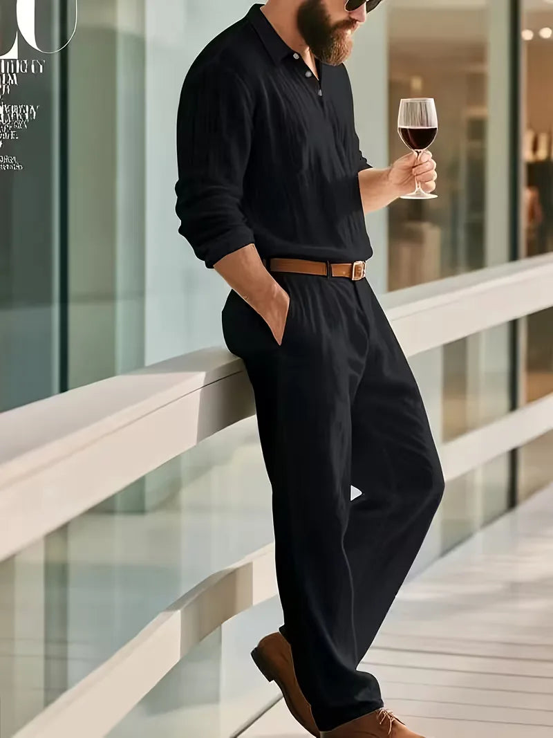 Linen suit with mandarin collar