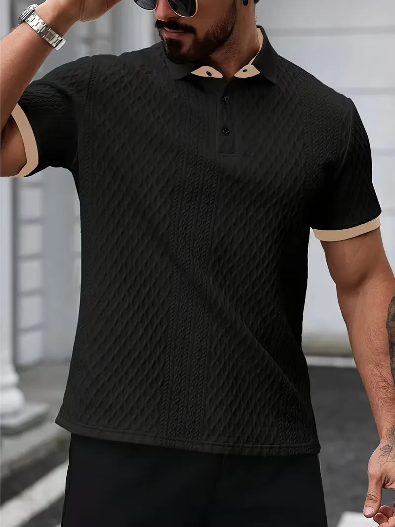 Polo with V-neck and jacquard pattern